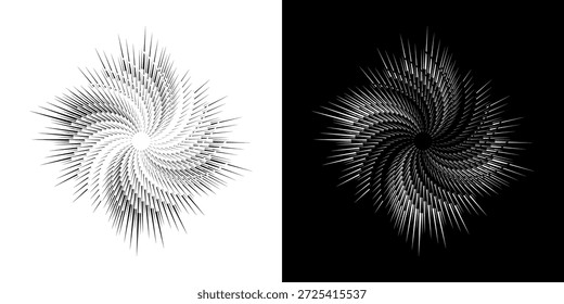 Linhas de ritmo de onda de som espiral abstrata dinâmica. Ritmo de onda de som espiral circular de linhas. Linhas abstratas futuristas circulares, fundo preto e branco.	
