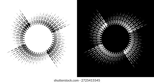Linhas de ritmo de onda de som espiral abstrata dinâmica. Ritmo de onda de som espiral circular de linhas. Linhas abstratas futuristas circulares, fundo preto e branco.	
