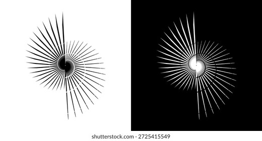 Linhas de ritmo de onda de som espiral abstrata dinâmica. Ritmo de onda de som espiral circular de linhas. Linhas abstratas futuristas circulares, fundo preto e branco.	
