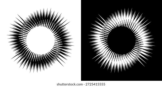 Linhas de ritmo de onda de som espiral abstrata dinâmica. Ritmo de onda de som espiral circular de linhas. Linhas abstratas futuristas circulares, fundo preto e branco.	
