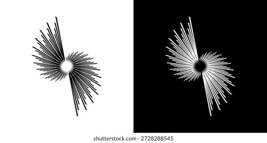 Dynamische abstrakte Spiral-Schallwellen-Rhythmuslinien. Kreisförmige Spirale Schallwelle Rhythmus von Linien. Zirkuläre futuristische abstrakte Linien, schwarz-weißer Hintergrund.	