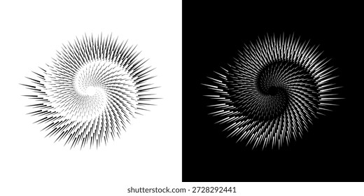 Líneas dinámicas abstractas del ritmo de ondas de sonido en espiral. Onda de sonido circular en espiral con ritmo de líneas. Líneas abstractas futuristas circulares, fondo blanco y negro.	