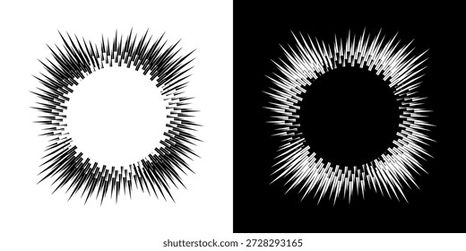 Dynamic abstract spiral sound wave rhythm lines. Circular spiral sound wave rhythm of lines. Circular futuristic abstract lines, black and white background.