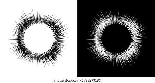 Dynamische abstrakte Spiral-Schallwellen-Rhythmuslinien. Kreisförmige Spirale Schallwelle Rhythmus von Linien. Zirkuläre futuristische abstrakte Linien, schwarz-weißer Hintergrund.