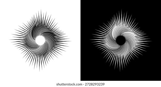 Linhas de ritmo de onda de som espiral abstrata dinâmica. Ritmo de onda de som espiral circular de linhas. Linhas abstratas futuristas circulares, fundo preto e branco.