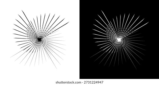 Linhas de ritmo de onda de som espiral abstrata dinâmica. Ritmo de onda de som espiral circular de linhas. Linhas abstratas futuristas circulares, fundo preto e branco.	
