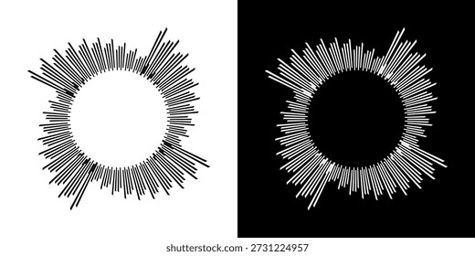 Linhas de ritmo de onda de som espiral abstrata dinâmica. Ritmo de onda de som espiral circular de linhas. Linhas abstratas futuristas circulares, fundo preto e branco.	
