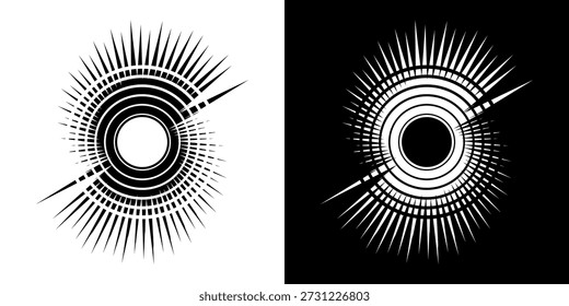 Líneas dinámicas abstractas del ritmo de ondas de sonido en espiral. Onda de sonido circular en espiral con ritmo de líneas. Líneas abstractas futuristas circulares, fondo blanco y negro.	
