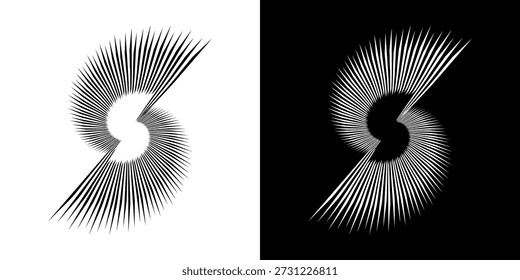 Linhas de ritmo de onda de som espiral abstrata dinâmica. Ritmo de onda de som espiral circular de linhas. Linhas abstratas futuristas circulares, fundo preto e branco.	
