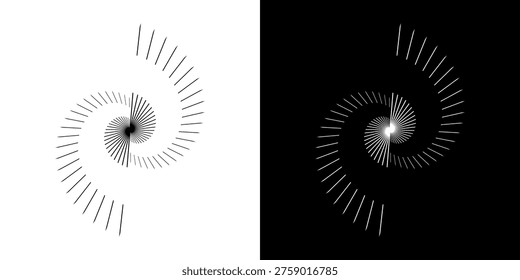 Dynamic abstract spiral sound wave rhythm lines. Circular spiral sound wave rhythm of lines. Circular futuristic abstract lines, black and white background.	