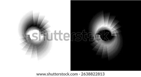 Dynamic abstract spiral sound wave rhythm lines. Circular spiral sound wave rhythm of lines. Circular futuristic abstract lines, black and white background.	