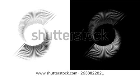Dynamic abstract spiral sound wave rhythm lines. Circular spiral sound wave rhythm of lines. Circular futuristic abstract lines, black and white background.	