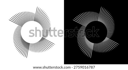 Dynamic abstract spiral sound wave rhythm lines. Circular spiral sound wave rhythm of lines. Circular futuristic abstract lines, black and white background.	