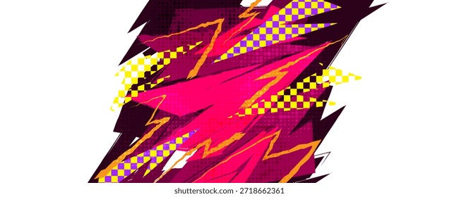 Fondo deportivo Abstractas dinámico con pinceladas rojas, Formas de rayos y efectos de semitonos. Anuncio deportivo creativo en estilo de arte retro y Pop