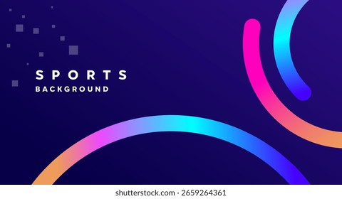 Dynamic abstract sports background with colorful curved gradient lines on dark purple. Ideal for National Sports Day, athletic events, tournament posters, fitness ads, and sports promotions.