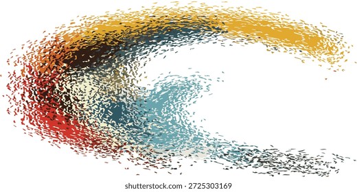 Un remolino dinámico y abstracto compuesto por numerosos Elementos Pequeños y texturizados en un espectro de colores, creando una sensación de movimiento y energía.