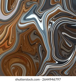 Design de espiral abstrato dinâmico em tons ricos de marrom, preto e prata com linhas fluidas e contrastes arrojados. Ideal para projetos artísticos, decoração e imagens de marca modernas.