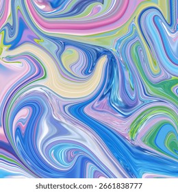 Dynamic abstract swirl with fluid lines in blue, green, pink, and yellow. A vibrant marble-style texture ideal for digital art, wallpaper, and graphic backgrounds.
