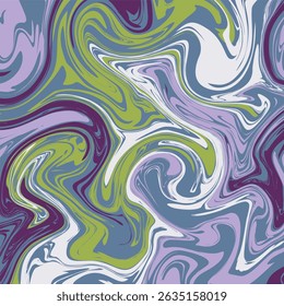 A dynamic, abstract swirl pattern created by the marbling of various colors including shades of purple, blue grey, lime green, and white.