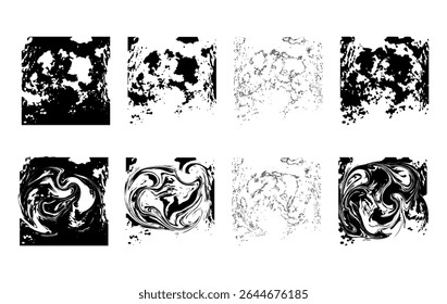 A dynamic abstract textures, blending grunge ink splatters, distressed surfaces, and swirling liquid patterns. The mix of rough, eroded textures with smooth, fluid swirls creates versatile background