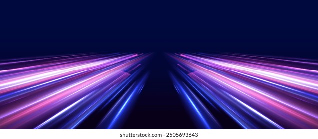 Dynamische abstrakte Vektorkunst mit fließenden Linien in lebendigem Rosa, Lila und Blauen Farbtönen auf dunklem Hintergrund. Magische, schnelle Polizeilinien.	