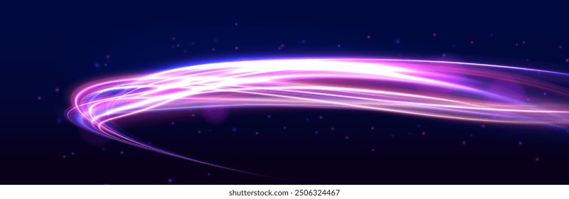 Dynamic Abstract Vector Art with Flowing Lines in Vibrant Pink, Purple, and Blue Hues on a Dark Background. Magic moving fast speed police lines.	