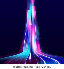 Dynamic abstract vector art with flowing lines in vibrant pink, purple, and blue hues on a dark background. Expressway, the effect of car headlights.	
