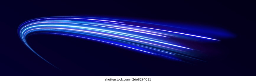 Arte vetorial abstrata dinâmica com linhas fluindo em tons rosa vibrante, roxo e azul em um fundo escuro. Expressway, o efeito dos faróis do carro.	
