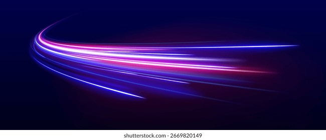 Arte vetorial abstrata dinâmica com linhas fluindo em tons rosa vibrante, roxo e azul em um fundo escuro. Expressway, o efeito dos faróis do carro.	
