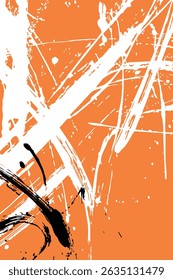 Dynamic abstract vector background with bold black and white brush strokes and splatters on a vibrant orange backdrop. Energetic and modern design.