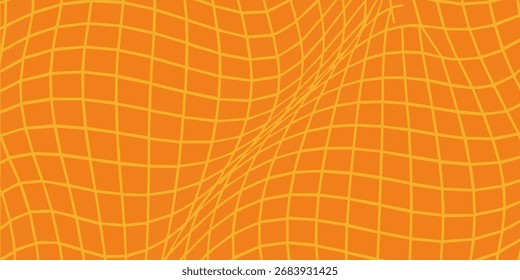 Dynamic abstract vector background featuring a distorted and wavy yellow grid on a vibrant orange surface