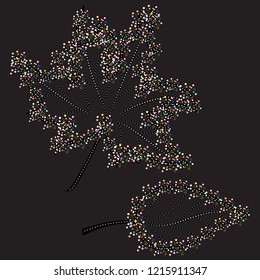 Dynamic, abstract vector design of two isolated decorative falling autumn maple and poplar leaves with black, white and colourful elements on black background