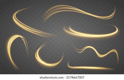 Dynamic abstract vector graphics with smooth lines in bright yellow shades on a dark background. lowing light sparkles with golden glitter, magic stardust wave and beautiful sparkle light blur trail.	