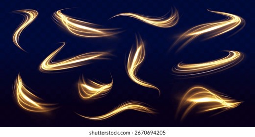 Dynamic abstract vector graphics with smooth lines in bright yellow shades on a dark background. lowing light sparkles with golden glitter, magic stardust wave and beautiful sparkle light blur trail.	