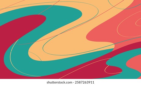 Dynamic abstract vector illustration featuring a flowing topographic-inspired pattern with bold shades of red, teal, peach, and orange.