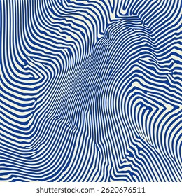 Dynamic abstract vector illustration with wavy blue lines on a beige background, creating an optical illusion and sense of movement, perfect for modern graphic design and artistic backgrounds.