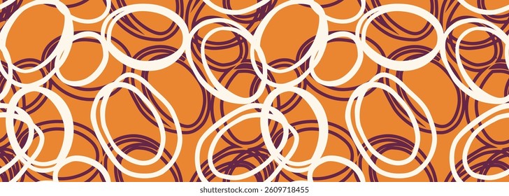 Dynamic abstract vector pattern featuring overlapping hand drawn circle shapes in deep burgundy and white on an orange background. Bold, modern, and artistic design, ideal for textiles, wallpapers