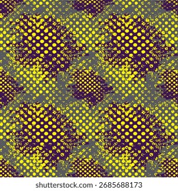 Dynamic abstract vector pattern featuring a grunge halftone effect with scattered yellow circles on a purple and gray background.