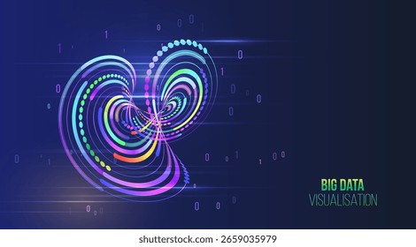 Visualização abstrata dinâmica de grandes dados com código binário e partículas brilhantes coloridas formando um vórtice em um fundo azul escuro. Conceito de fluxo de dados, IA e tecnologia digital.
