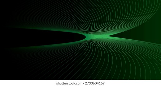 A dynamic abstract visualization of green digital lines forming a flowing waveform against a dark, expansive background.