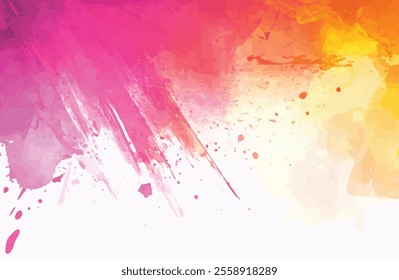 Dynamic abstract watercolor background featuring vivid pink and orange brushstrokes, splashes, and gradients, perfect for creative design projects.
