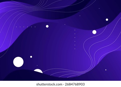 Fundo de onda abstrata dinâmica em vibrante gradiente roxo e azul, apresentando linhas fluidas suaves e esferas luminosas, ideal para design digital moderno e conceitos futuristas