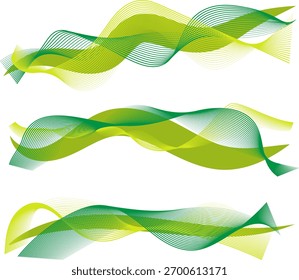 Dynamic abstract wave lines in green and yellow gradient colors. Smooth flowing motion design with modern curved shapes and transparency effects.