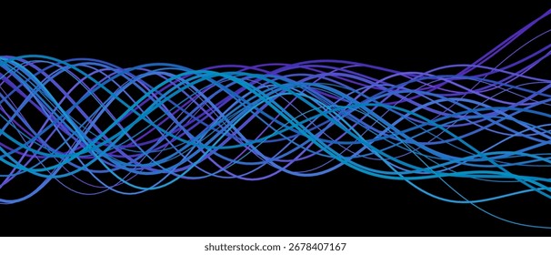 Dynamic abstract waves on black background with blue and purple lines.
