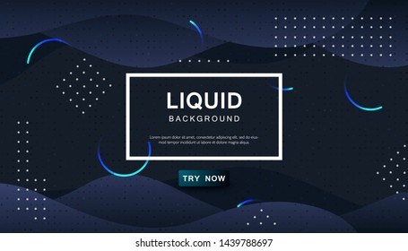 Dynamic abstract wavy background. Modern black and blue light fluid shape with geometric dots composition. Dark background vector illustration.