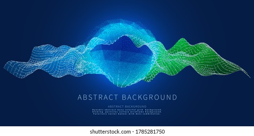 Dynamic abstract wavy colorful grid  background. Glowing  particles surface wireframe concept. Futuristic vector banner with dots combination. 