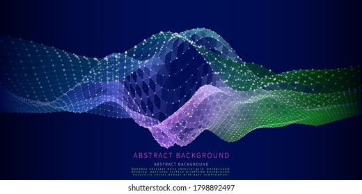 Dynamic abstract wavy colorful grid background. Wireframe polygonal surface wireframe concept. Futuristic vector banner with dots combination.