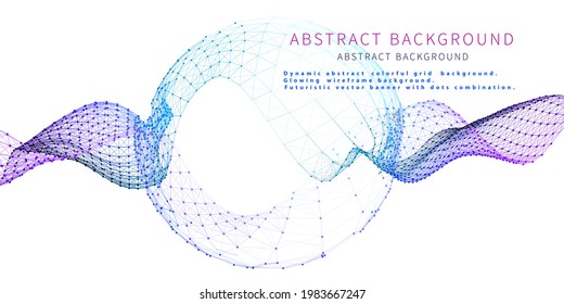 Dynamic abstract wavy colorful grid white background.  Futuristic surface wireframe concept. Vector banner with dots and lines combination.