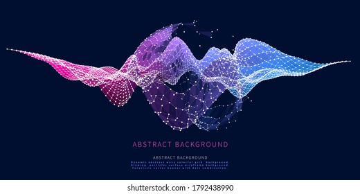Dynamic abstract wavy colorful lines background. Wireframe particles surface wireframe concept. Futuristic vector banner with dots combination.