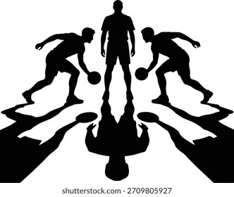 Dynamische Action Athleten mit Bälle gegossen lange Schatten in Silhouette